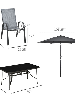 8 Pieces Patio Furniture Set with 9Ft Patio Umbrella, Outdoor Dining Table and Chairs, 6 Chairs, Push Button Tilt and Crank Parasol, Tempered Glass Top, Gray