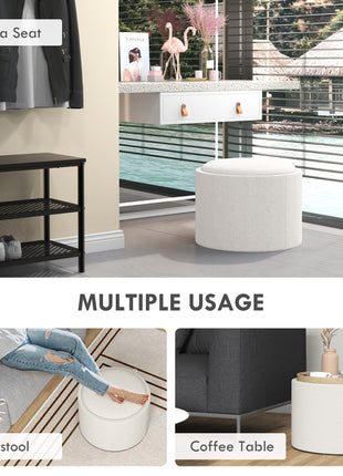 Round Storage Ottoman Coffee Table with Flip Top Tray, Linen Fabric Upholstered Footstool with Hidden Compartment