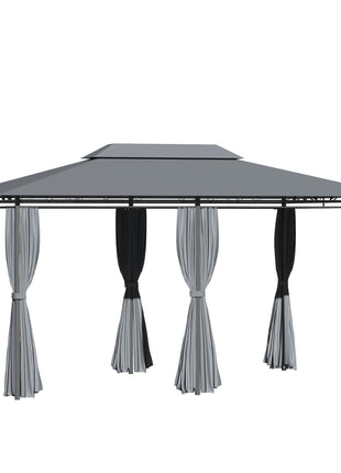 10' x 13' Outdoor Soft Top Gazebo Pergola with Curtains, 2-Tier Steel Frame Gazebo for Patio, Sage Gray