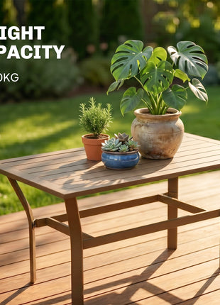 Outdoor Coffee Table with Slatted Tabletop, All-Weather Rectangle Metal Patio Coffee Table for Garden, Brown