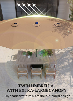 Garden Parasol 14.4 ft. Double-Sided Sun Umbrella with Base, Patio Parasol with LED Solar Lights, Khaki