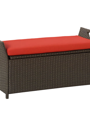 29 Gallon Patio Wicker Storage Bench, Outdoor PE Rattan Furniture, 2-In-1 Large Capacity Rectangle Garden Storage Box with Handles and Cushion, Red