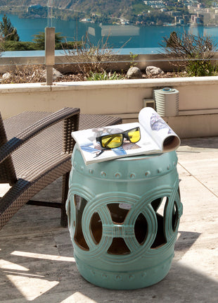 14" x 17" Ceramic Garden Stool with Double-Coin Knotted Ring Design & Strong Glazed Material, Decorative End Table, Home Collection, Antique Blue