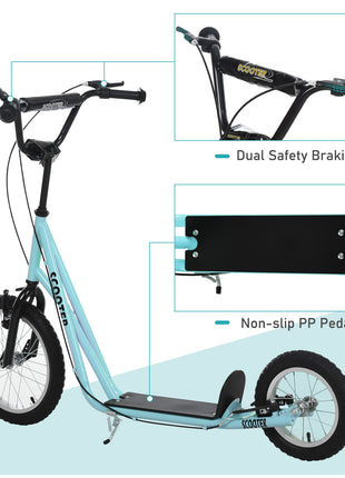 Teens Youth Scooter Ride On Toy with Adjustable Handlebar, Dual Brakes, and Inflatable Wheels For Kids 5+, Blue