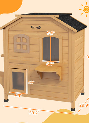  2-story Cat House Outdoor, Weatherproof Wooden Cat Enclosure for Feral Cats with Escape Door, Openable Roof, Jumping Platforms, Natural