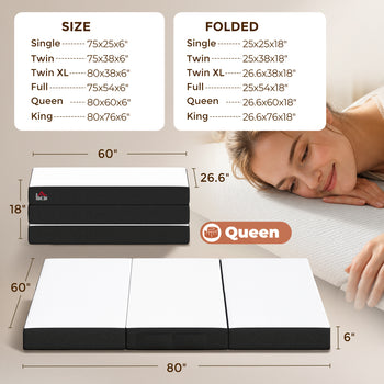 Trifold Mattress, 6 Inch Memory Foam Mattress for Guest, Camping, RV, Travel, Yoga, Made in USA, 80" x 60" x 6"