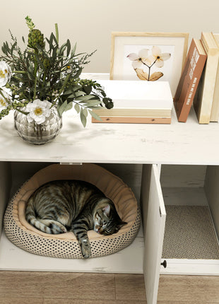 32" Cat Litter Box Enclosure with Scratching Mat, Cat Entrance, Fit Most of Cat and Litter Box, Distressed White
