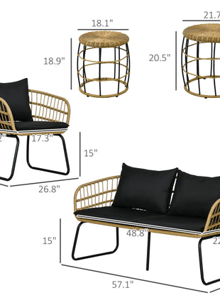 5 Piece PE Rattan Outdoor Furniture Set with Cushioned Chairs, Loveseat Sofa & Stackable Coffee Tables, Black