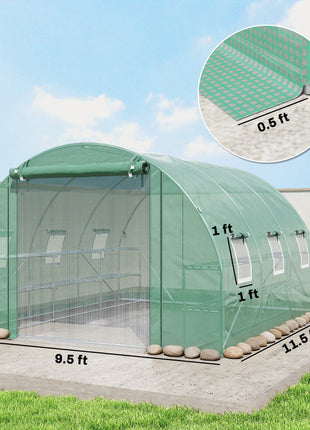 10'x11'x6' Walk-in Tunnel Greenhouse with Shelves, Mesh Door and Windows, Hoop House Greenhouse with PE Cover, Green