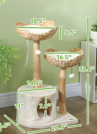 37 Inch Modern Cat Tree w/ Wooden Scratching Posts, Condo, Beds, Cushions, Toy Balls & Anti-Tip Kit