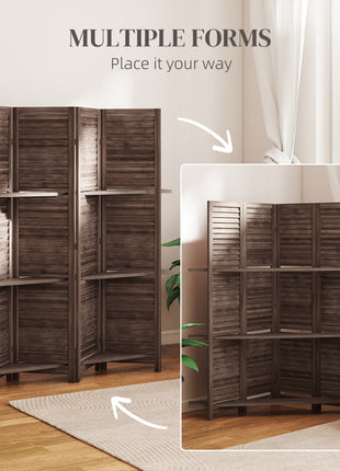 4 Panel 67" Tall Wood Privacy Screen Room Divider with 3 Shelves and Folding Storage for Bedroom, Walnut