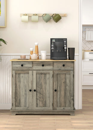 Kitchen Storage Cabinet, Sideboard Floor Cupboard with Solid Wood Top, Adjustable Shelf, and 3 Drawers, Distressed Gray