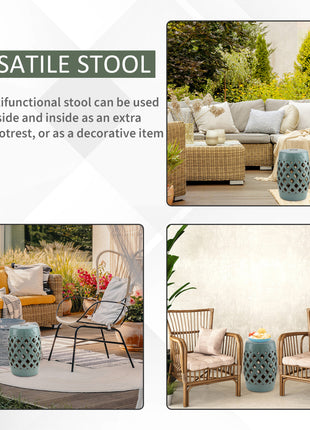 13" x 18" Ceramic Garden Stool with Woven Lattice Design & Glazed Strong Materials Decorative End Table, Antique Blue