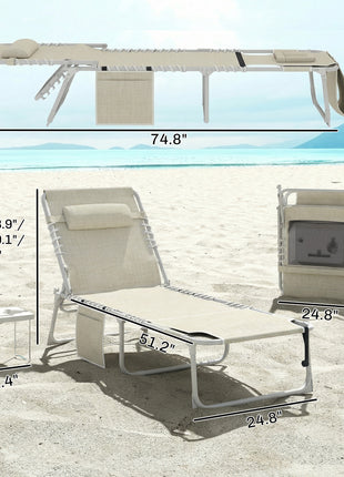 Tanning Chair with Face Hole and Side Table, 5-Position Folding Outdoor Chaise Lounge Chair, Beige