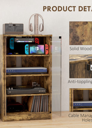 5-Tier Media Cabinet, Media Stand with Adjustable Shelves, Tempered Glass Doors, and Cable Management, Rustic Brown