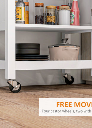 Kitchen Island on Wheels, Rolling Kitchen Cart with Rubberwood Top, Drawer, Wine Rack and Cabinet, White