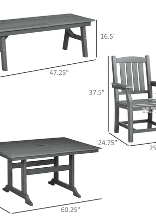 6 Pieces Patio Dining Set, 6 Seater Outdoor Table and Chairs, Conversation Furniture, Armrests, Loveseat Bench, Dinner Table with Umbrella Hole, Cushions, Dark Gray