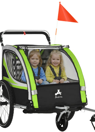 3-in-1 Bike Trailer for Kids, Running Stroller with 2 Seats, Jogging Cart with 5-Point Harness, Storage Units, Green