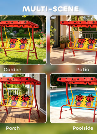 Kids Patio Swing, Adjustable Canopy Swing Glider, Kids Outdoor Swing Chair with 2 Seats, Seat-Belted Safety, Red