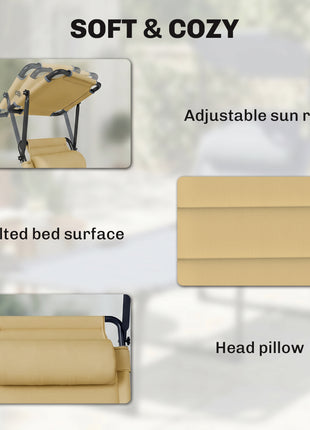 Outdoor Lounge Chair, 4 Position Adjustable Backrest, Folding, Cushioned w/ Sun Shade Roof & Pillow, Cream White