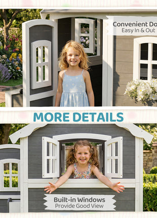 Outdoor Wooden Playhouse for Kids with Floor, Door, Windows, Planter Box for 3-8 Years Old, Backyard, Lawn, Garden