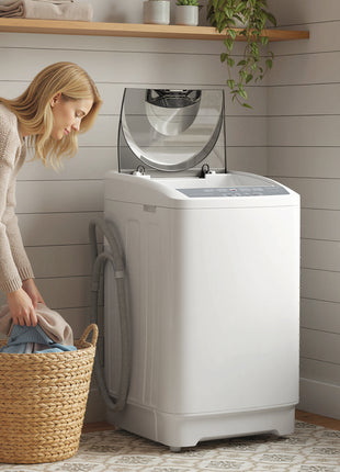 Compact Washer, Portable Washing Machine, Full Automatic Washer with 8 Programs and 6 Water Levels, White