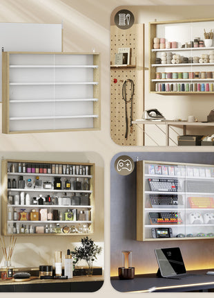 5-Tier Display Cabinet, Wall-Mounted Display Case with 2 Glass Doors and Adjustable Shelves, Oak and White