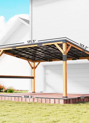 10' x 14' Wooden Gazebo, Hardtop Lean-to Gazebo Pergola with Galvanized Steel Sloped Roof, Bar Shelf, Natural Wood
