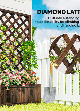 Wooden Raised Garden Bed Planting Planter Box with Trellis and Drain Holes for Climbing Vine Plants, Brown