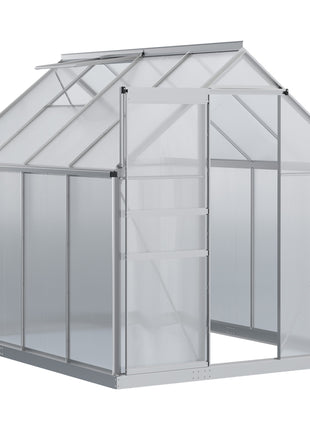 8' x 6' Aluminum Outdoor Greenhouse, Polycarbonate Walk-in Garden Greenhouse Kit with Adjustable Roof Vent, Rain Gutter and Sliding Door for Winter, Silver