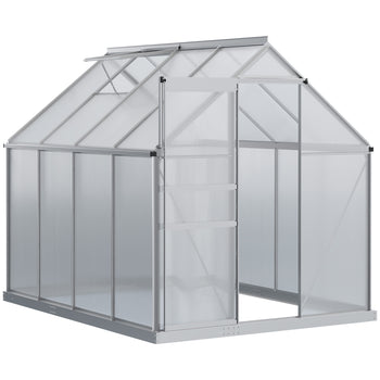 8' x 6' Aluminum Outdoor Greenhouse, Polycarbonate Walk-in Garden Greenhouse Kit with Adjustable Roof Vent, Rain Gutter and Sliding Door for Winter, Silver