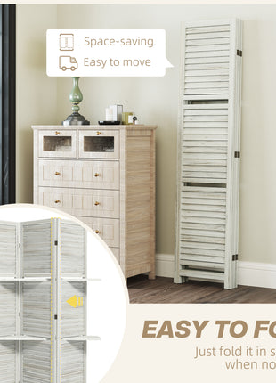 5 Panel 67" Tall Wood Privacy Screen Room Divider with 3 Shelves and Folding Storage for Bedroom, Distressed White