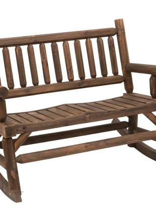 2-Person Wood Rocking Chair with Log Design, Heavy Duty Loveseat with Wide Curved Seats for Patio, Backyard, Garden, Walnut