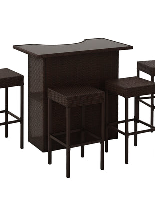 5 Piece Wicker Outdoor Bar Set, High Top Outdoor Table and Chairs, Height Patio Set with Glass Table Top 2 Tier Storage Shelf and 4 Bar Stools for Garden, Poolside, Dark Brown