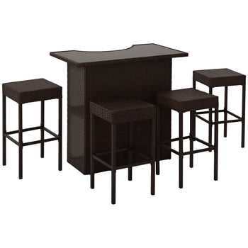 5 Piece Wicker Outdoor Bar Set, High Top Outdoor Table and Chairs, Height Patio Set with Glass Table Top 2 Tier Storage Shelf and 4 Bar Stools for Garden, Poolside, Dark Brown