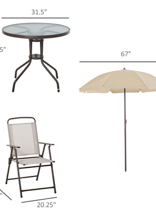 6 Piece Patio Dining Set for 4 with Umbrella, Outdoor Table and Chairs with 4 Folding Dining Chairs & Round Glass Table for Garden, Backyard and Poolside, Beige