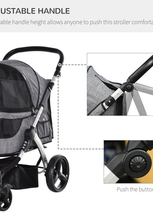 Pet Stroller Foldable Dog Cat Travel Carriage with Adjustable Handlebar PVC Wheel Brake Storage Bag Mesh Window Safety Leash Aluminum Grey