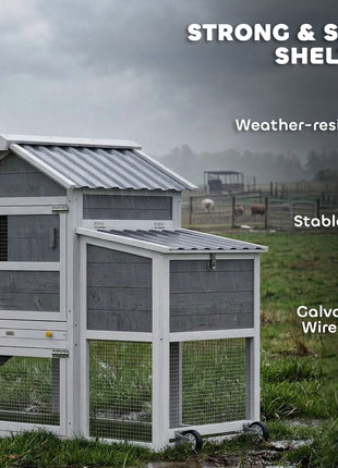 Chicken Coop with Wheels, 80" L Mobile Hen House with Run, Outdoor Wooden Chicken House with Nesting Box, Tray, Ramp