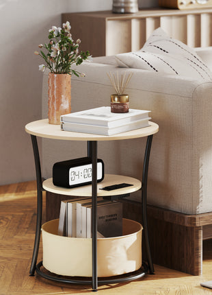 Round Side Table with Charging Station, 3-Tier End Table with Fabric Storage Bag and Shelf, Natural Wood
