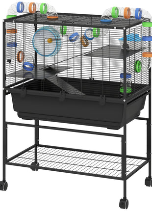 3 Tier Hamster Cage, Rolling Rat Cage with Deep Tray, Storage Shelf, Big Exercise Wheel, Hut, Tube System