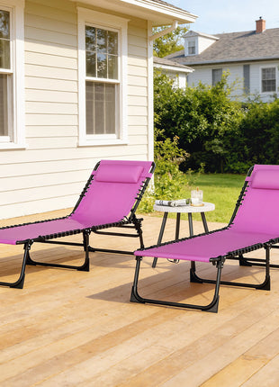 2 Folding Chaise Lounge Pool Chairs with 4-Position Reclining Back, Pillow, Breathable Mesh & Bungee Seat, Purple