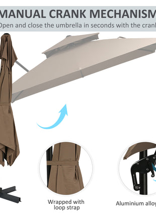 10ft Offset Patio Umbrella with Base, Double Top Hanging Aluminum Cantilever Umbrella with 360-degree Rotation, Easy Tilt, 8 Ribs, Crank, Cross Base, Cover, Strap, Coffee