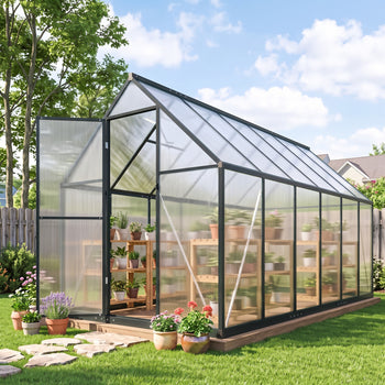Polycarbonate Greenhouse with Swing Door and Two Adjustable Roof Vents, Aluminum Walk-in Greenhouse, 11x6 ft, Black