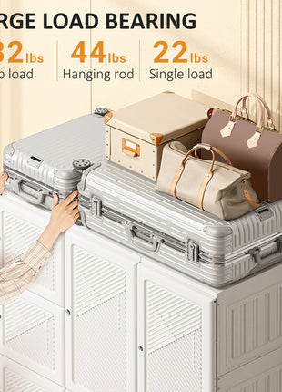 Portable Wardrobe Closet, Folding Clothes Storage Organizer with 8 Cube Compartments, 2 Hanging Rods, 11 Magnet Doors, White