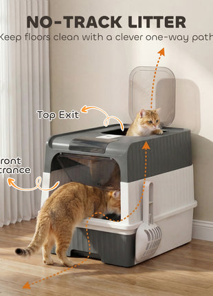 Cat Litter Box Hooded Cat Litter Tray with Drawer Pan Front Entry & Top Exit Easy Cleaning Gray