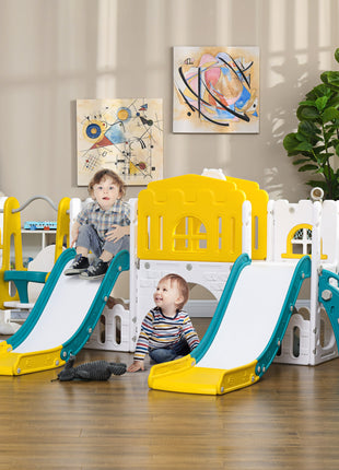 8 in 1 Toddler Slide and Swing Set w/ 2 Slides, Basketball Hoop, Climber, Storage Space Telescope, Yellow