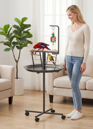 Bird Stand with Wheels Parrot Play Stand with Round Tray Stainless Steel Feed Bowls Indoor Outdoor Dark Gray