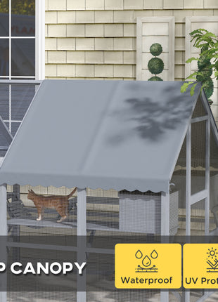 Wooden Catio Outdoor Cat Enclosure with Waterproof Cover, 2 Condos, 6 Platforms, Bridge, Doors, Gray