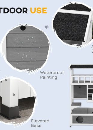 Wooden Outdoor Cat House with Asphalt Roof, Escape Doors, Condo, Jumping Platform, Light Gray