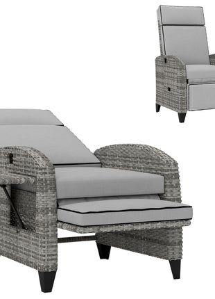 Outdoor Recliner Chair with Cushions, Reclining Patio Lounge Chair with Adjustable Footrest, Armrests, Tray Table, Gray